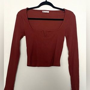 ZARA SET BROWN RIBBED TOP FLARED PANTS SIZE M